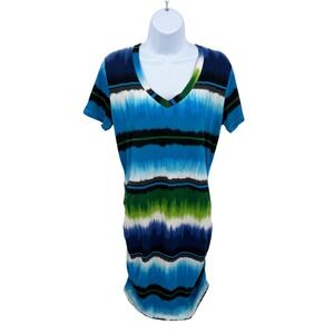 Tommy Bahama Womens M T-Shirt Dress Blue Green Ikat Stripe V-Neck
